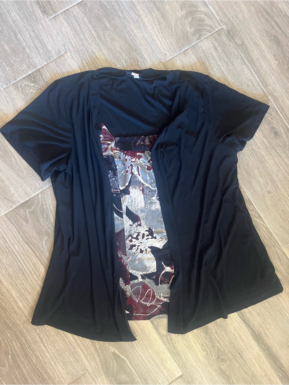 Perseption Black Short-Sleeve Layered Top with Burgundy Floral Panel